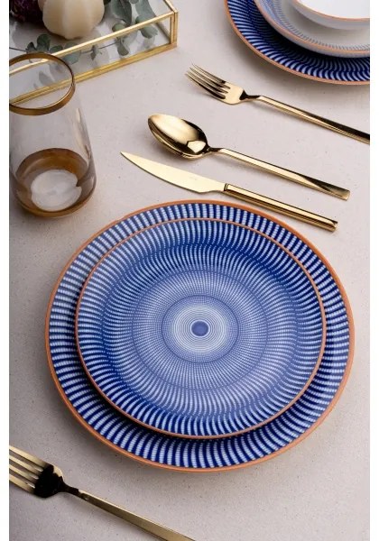 Set veselă 24 piese, porțelan, albastru/portocaliu
