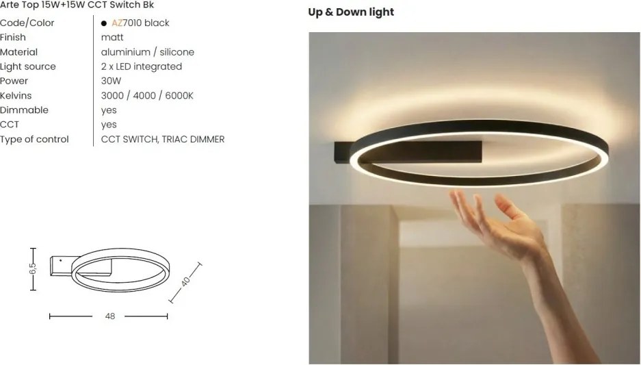 Plafoniera LED moderna Arte Top 15W+15W CCT Switch Bk