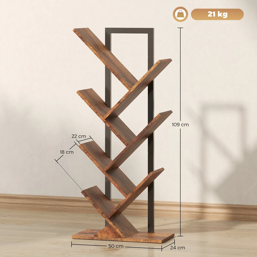 HOMCOM Bibliotecă Raft cu 7 Nivele Îngustă în Forma de Lemn pentru Birou, Brun Rustic | Aosom Romania