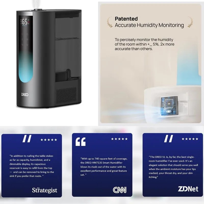 Umidificator cu ultrasunete DREO 813S cu abur cald și rece, până la 55 m², 500 ml/h, 6 l, 5 moduri, compatibil cu cartușe de demineralizare, LED, mod nocturn, temporizator, negru