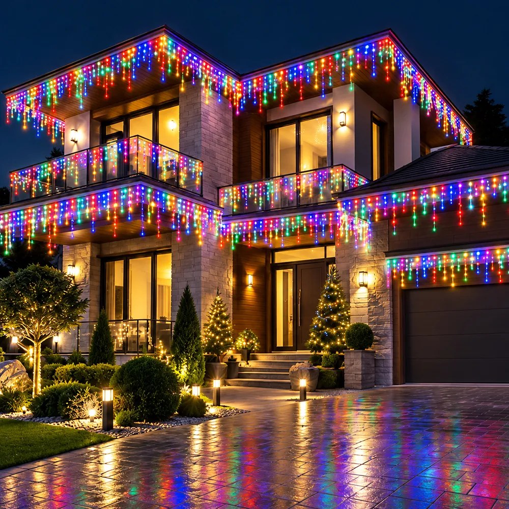 Instalație de Crăciun, franjuri cu 8 jocuri de lumini, fir gros, exterior, 100 metri, multicolor