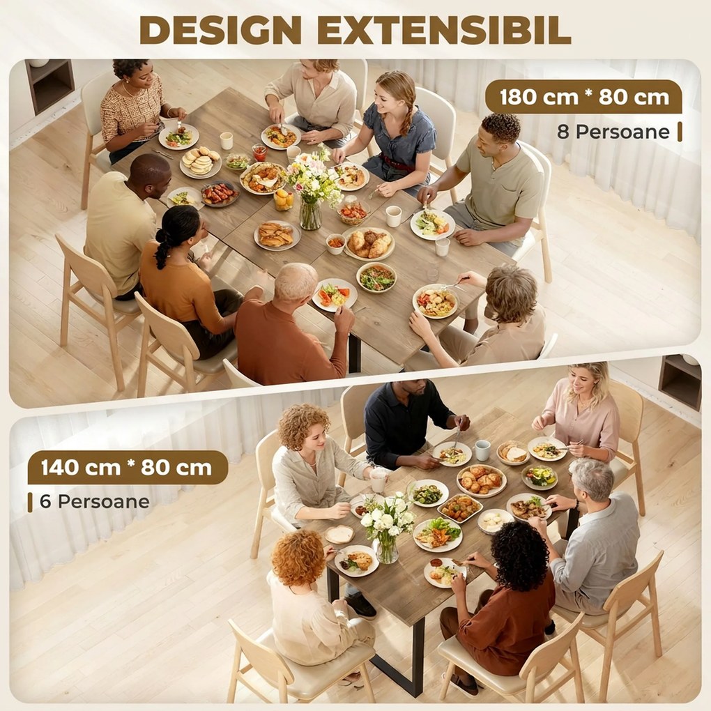 HOMCOM Masă de Luat Masa Extensibilă pentru 6-8 Persoane cu Panouri Detașabile, 140-180cm Masă Rectangulară Extensibilă cu Bază din Oțel, Stil Industrial, pentru Sufragerie, Culoare Lemn | Aosom Romania