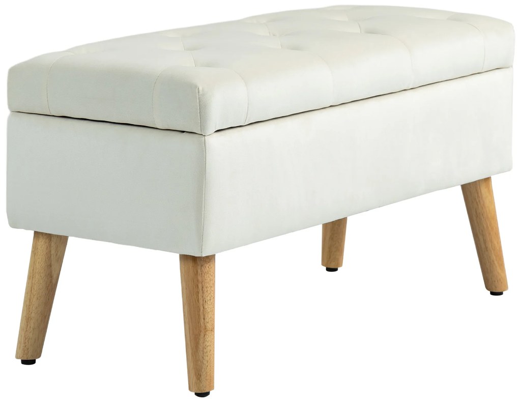 HOMCOM Banc de rangement coffre de rangement tissu effet velours pieds en bois charge max. 120 kg 80 x 35 x 40 cm, crem | Aosom Romania
