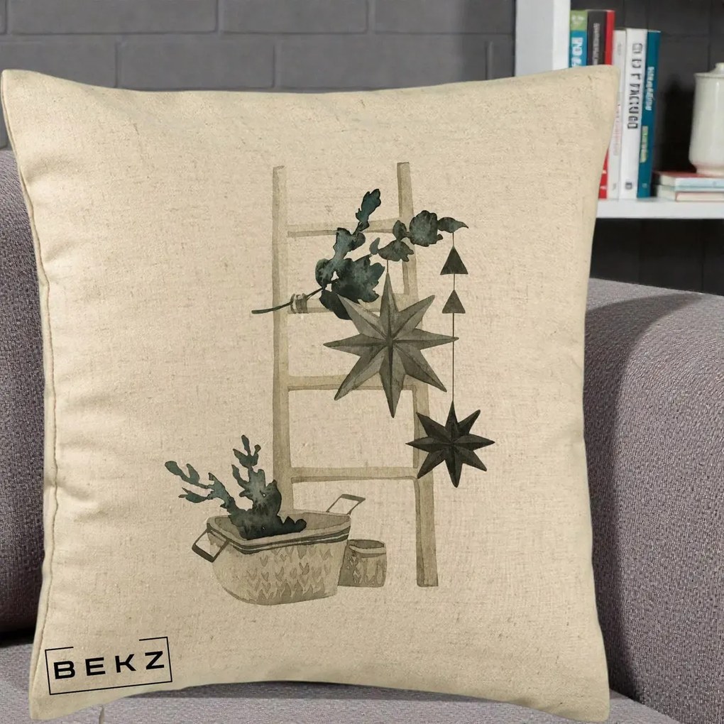 Perna Decorativa Scara Scandinavica cu Stele, 40x40 cm, Bej, Husa Detasabila, Perna Inclusa, BEKZ®