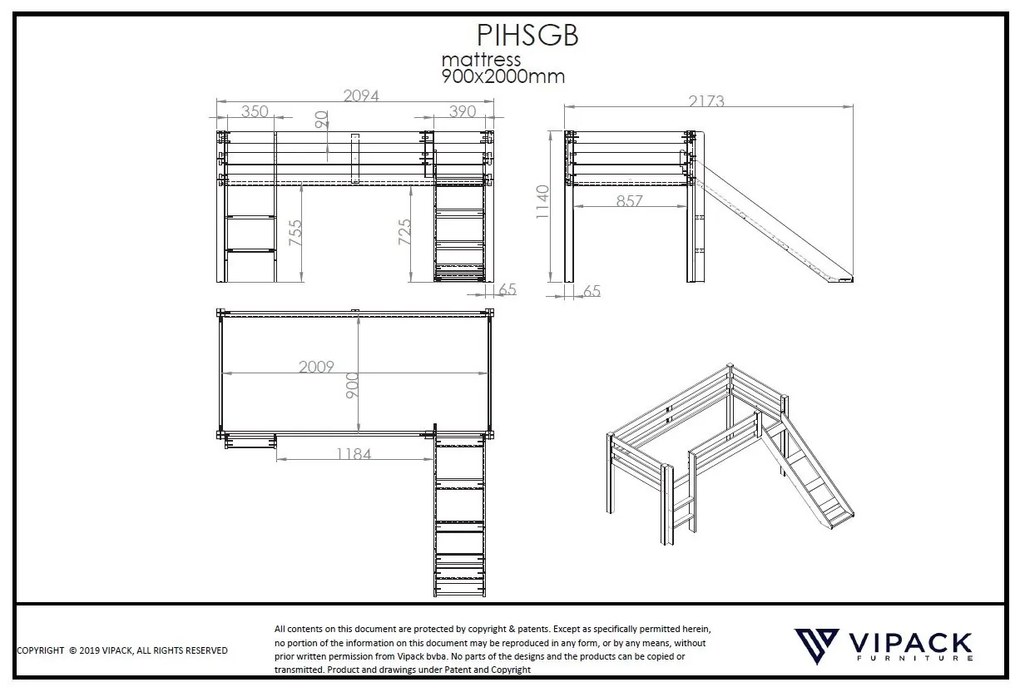 Pat înălțat copii VIPACK Pino cu tobogan, 90 x 200 cm, alb, înălțime 115 cm