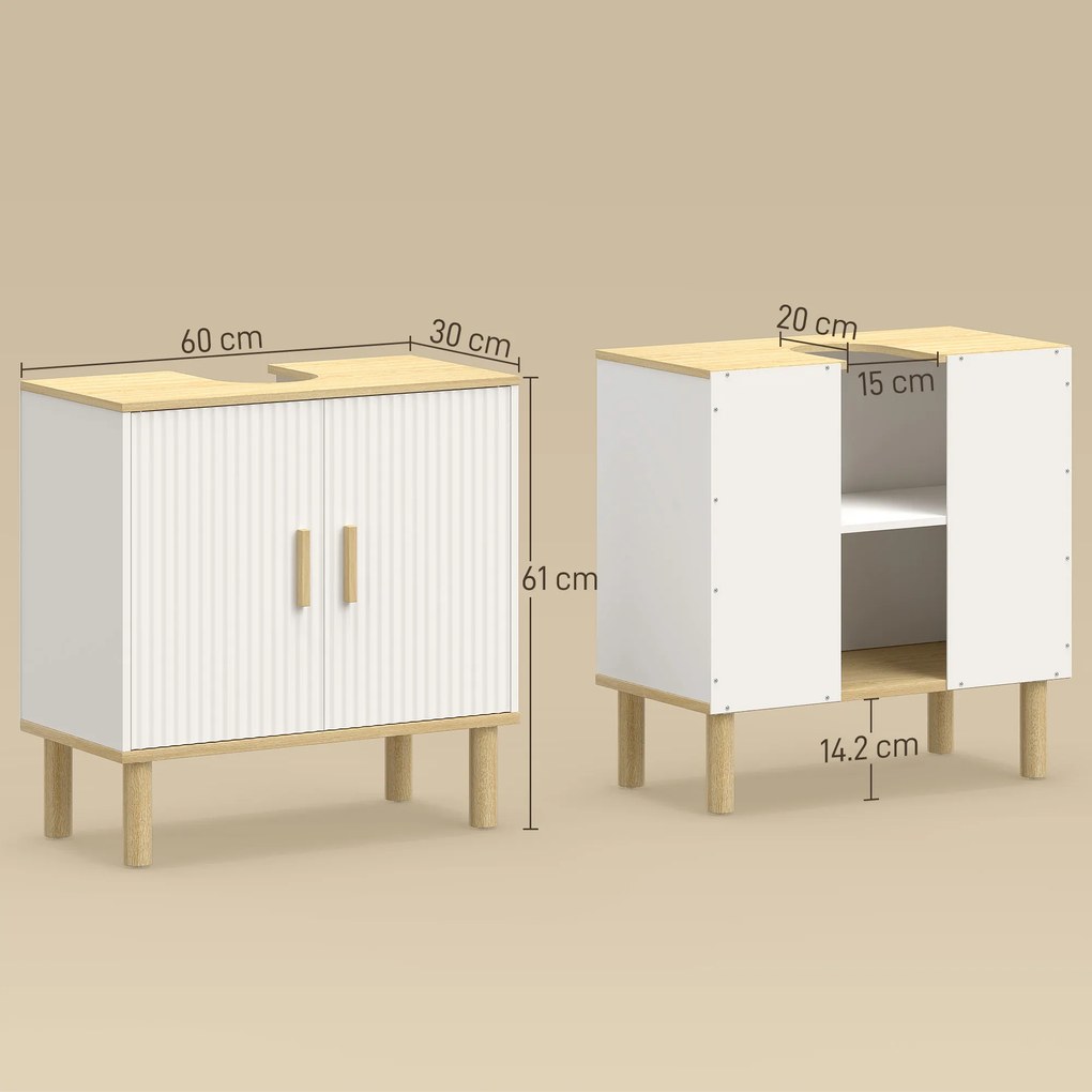 HOMCOM Dulap sub lavoar cu raft reglabil pentru lavoar fără piedestal cu uși canelate 60x30x61 cm Alb | Aosom Romania