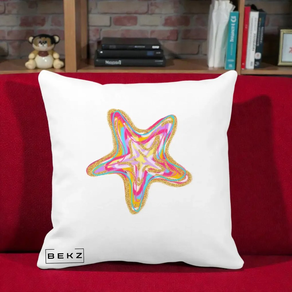 Perna Decorativa Stea de Mare Neon Curcubeu, 40x40 cm, Alba Mata, Husa Detasabila, Perna Inclusa, BEKZ®