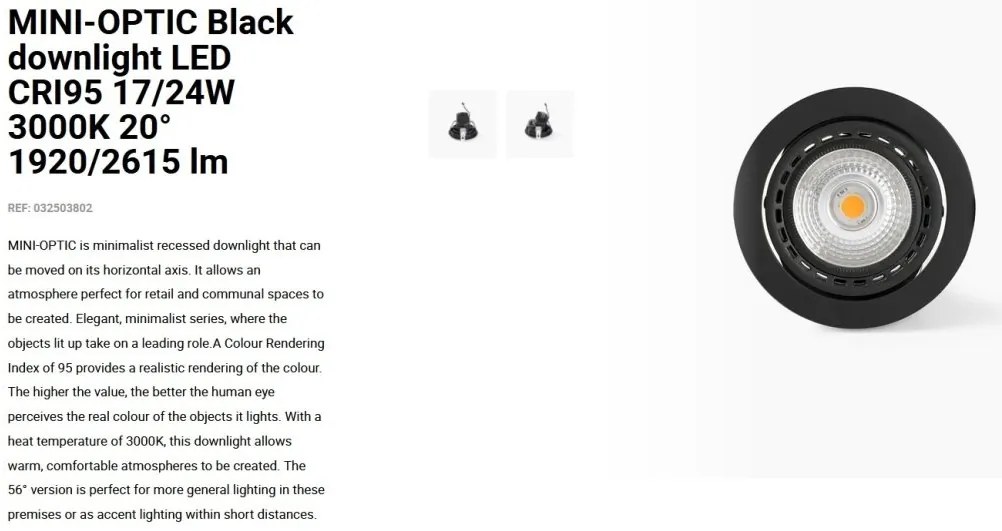 Spot LED incastrabil MINI-OPTIC Black downlight LED CRI95 17/24W 3000K 20° 1920/2615 lm