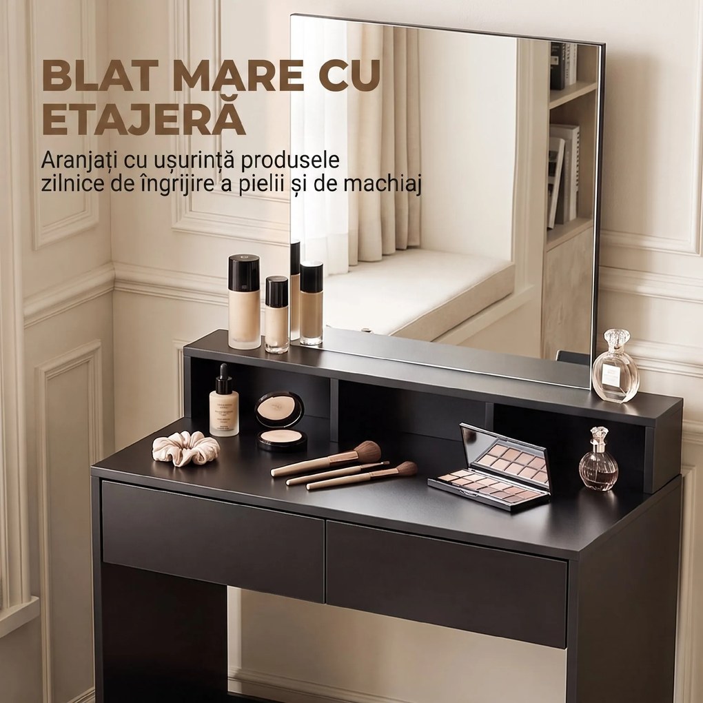HOMCOM Masă de Toaletă cu Oglindă, 3 Rafturi, 2 Sertare, 75x38x135 cm, Negru | Aosom Romania