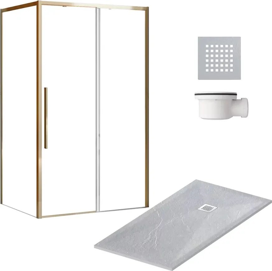 Pachet cabina de dus Rea Solar 90x120 cm auriu, cadita pentru dus Balneo si sifon cadita alb si capac cadita gri
