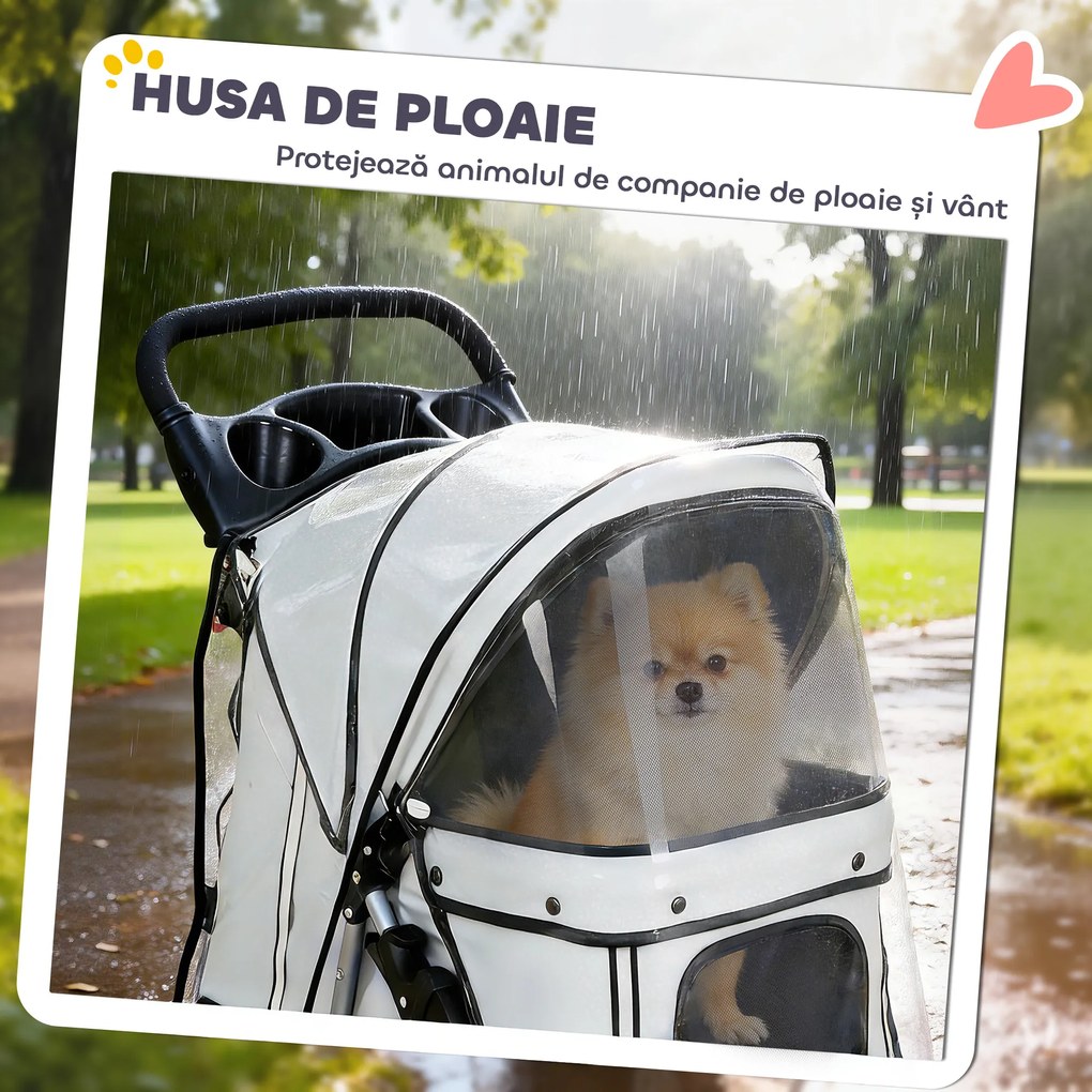 PawHut Cărucior pentru Câini Pliabil cu Husă de Ploaie, Roți Rotative și Pernuță Lavabilă, 77x44x102cm, Gri | Aosom Romania