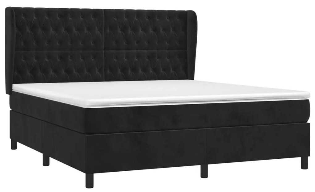 Pat box spring cu saltea, negru, 180x200 cm, catifea Negru, 180 x 200 cm, Design cu nasturi