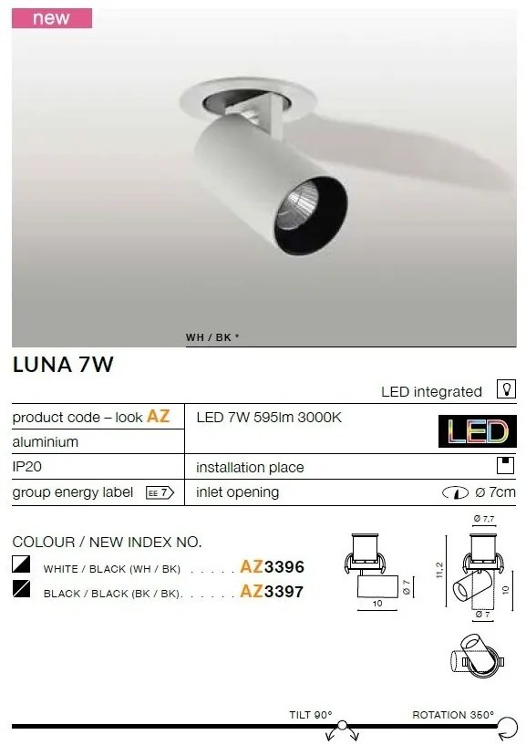 Spot LED directionabil, incastrabil tavan/plafon Luna 7W negru