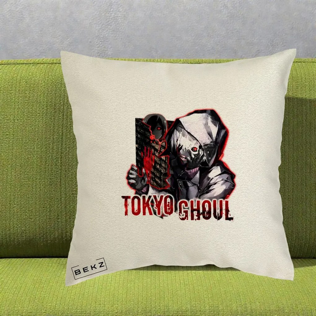 Perna Personalizata Tokyo Ghoul Ken Kaneki Anime, 40x40 cm, Ecru, Husa Detasabila, Perna Inclusa, BEKZ®