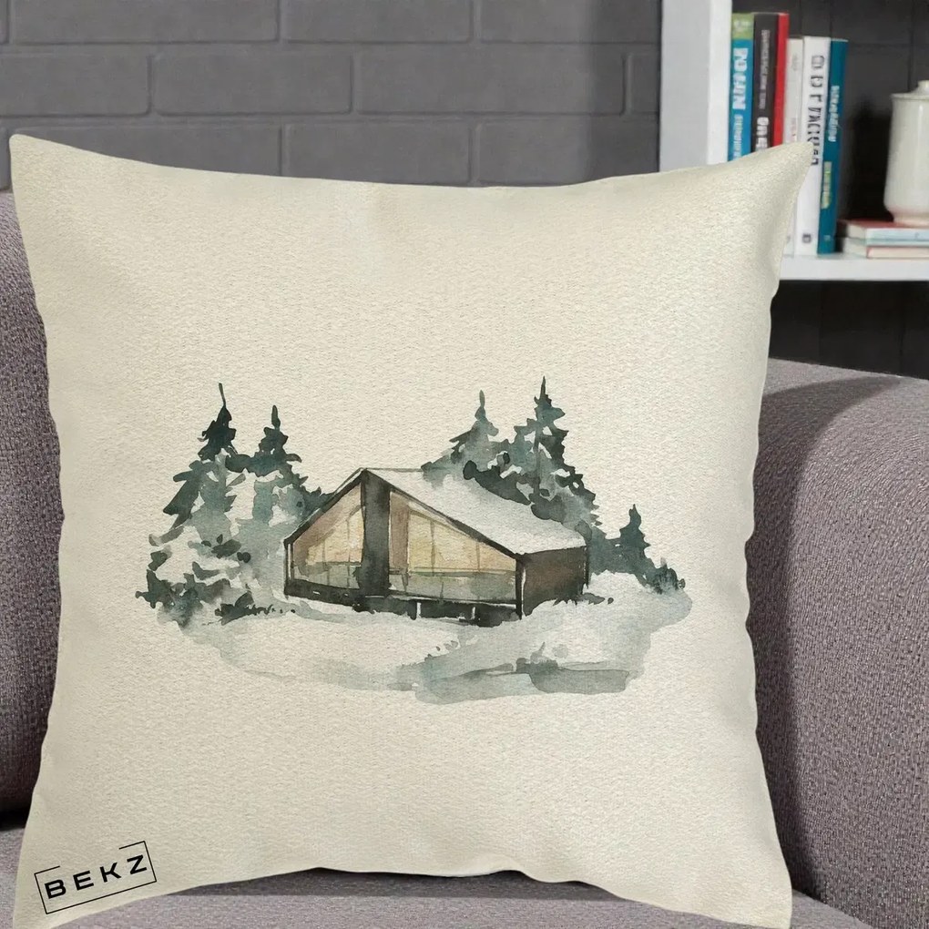 Perna Decorativa Cabana de Iarna in Padure, 40x40 cm, Ecru, Husa Detasabila, Perna Inclusa, BEKZ®