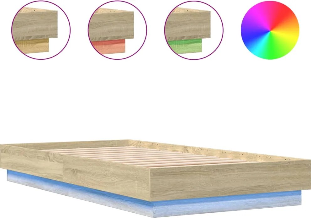 vidaXL Cadru de pat cu lumini LED, stejar sonoma, 75x190 cm