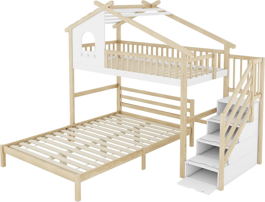 Pat supraetajat 90x200 cm cu scară cu spațiu de depozitare pentru copii, fără saltea, Culoare naturală+Alb
