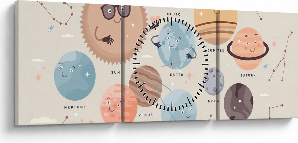 Tablou - Planete cu nume (cu ceas) (90x30 cm)
