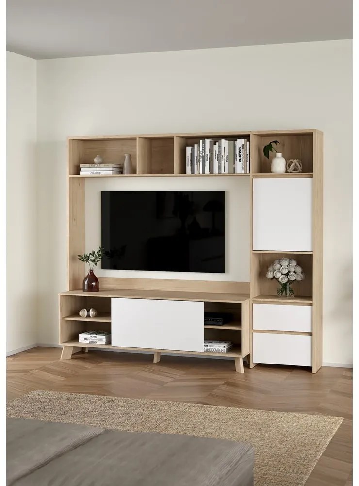 Set TV alb-în culoare naturală cu aspect de lemn de stejar 209x183x48 cm Next – Tvilum