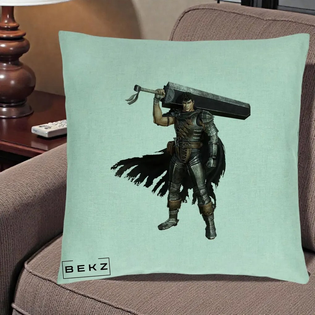 Perna Personalizata Berserk Guts Luptatorul Negru, 40x40 cm, Verde Menta, Husa Detasabila, Perna Inclusa, BEKZ®
