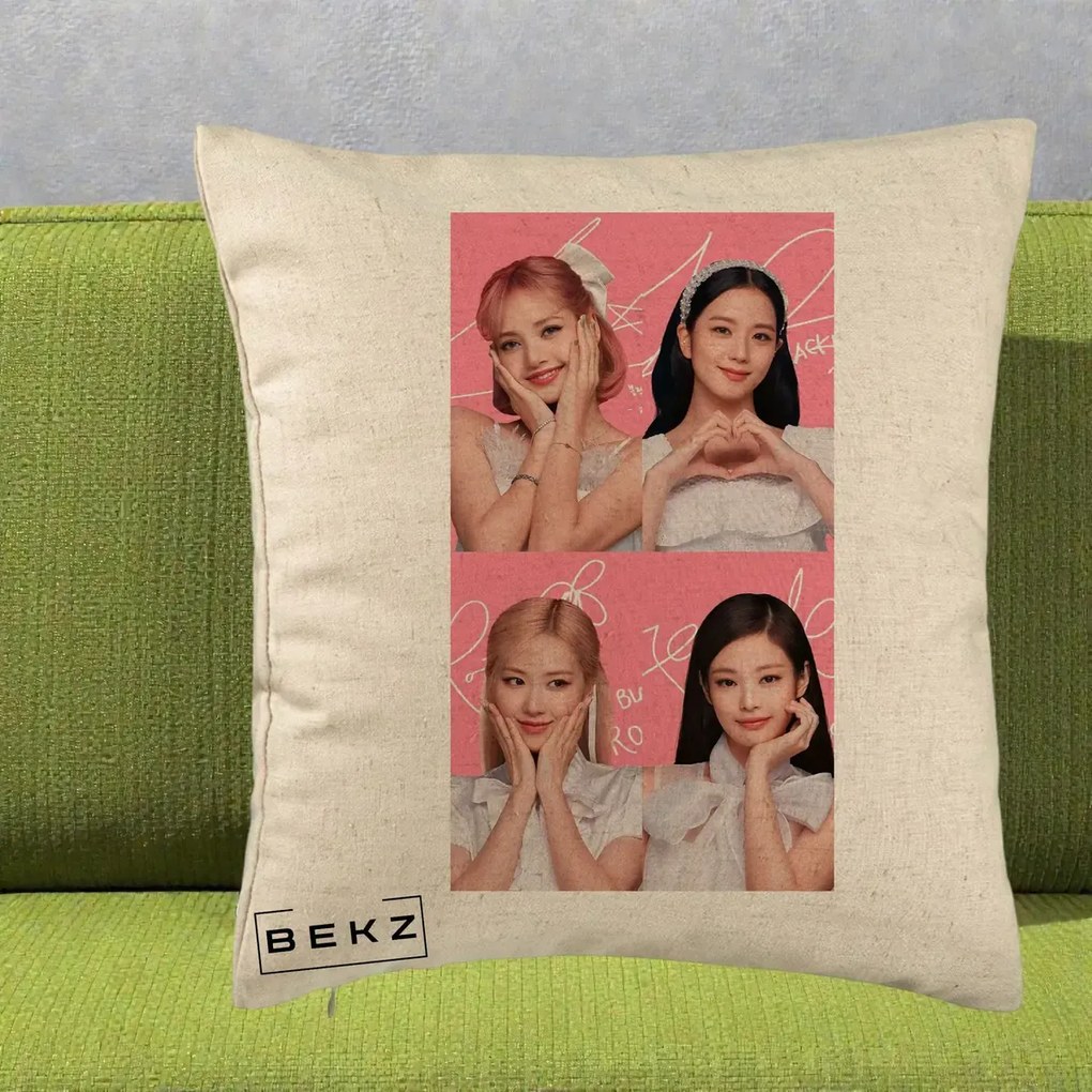 Perna Personalizata K-pop BLACKPINK Colaj Roz, 40x40 cm, Bej, Husa Detasabila, Perna Inclusa, BEKZ®