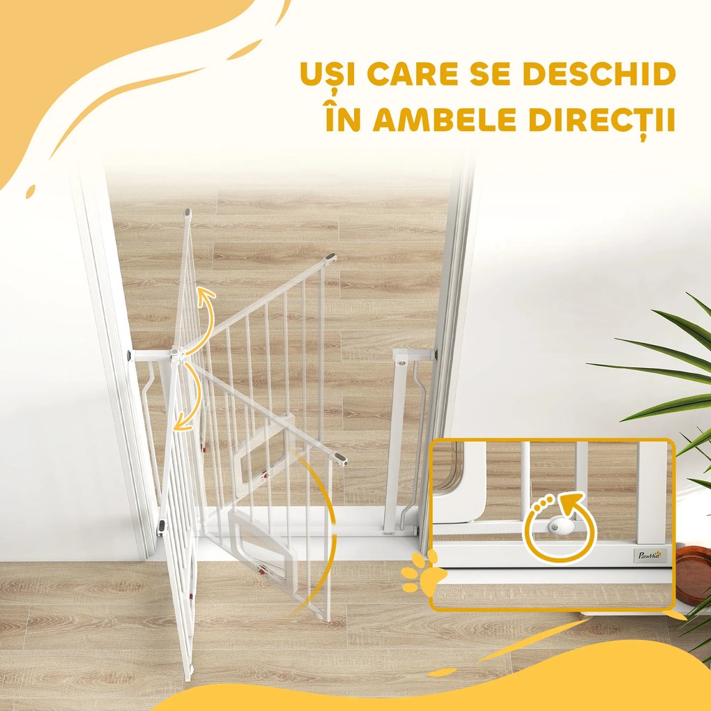 PawHut Poartă pentru Câini și Pisici Extensibilă cu Ușă Integrată, Poartă din Oțel și ABS, 75-85x2x76 cm, Alb | Aosom Romania
