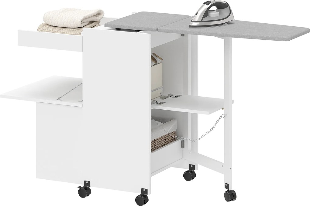 HOMCOM Dulap pentru călcat, masă de călcat pliabilă pe roți cu uși cu deschidere prin apăsare, balamale cu închidere moale, alb | Aosom Romania