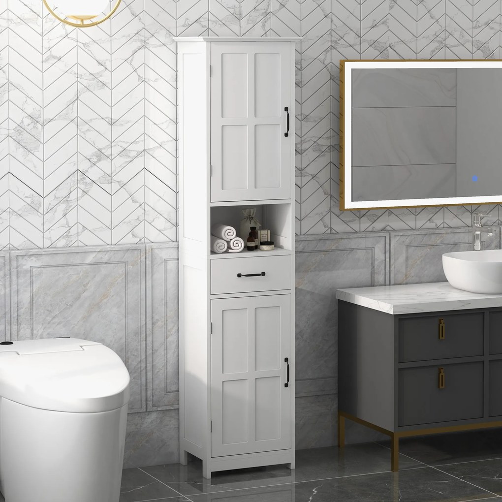 kleankin Dulap Modern pentru Baie, Mobilier Îngust cu Raft Deschis, Sertar, Uși Încastrate și Rafturi Ajustabile Alb | Aosom Romania