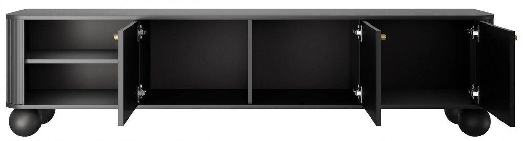 Comodă TV Vesper 187 cm trei uși - negru cu mânere aurii / picioare sferice