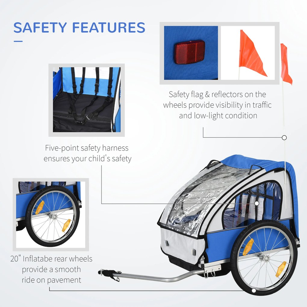 Remorca biciclete pentru copii HOMCOM, 2 locuri, 126x78x79cm | Aosom Romania