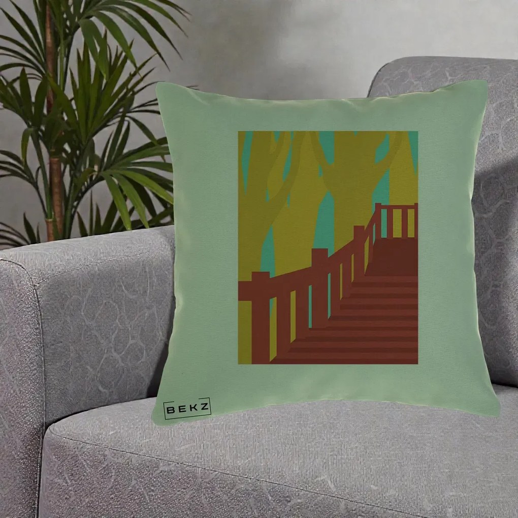 Perna Decorativa Scari Toamna Peisaj Grafic, 40x40 cm, Verde, Husa Detasabila, Perna Inclusa, BEKZ®