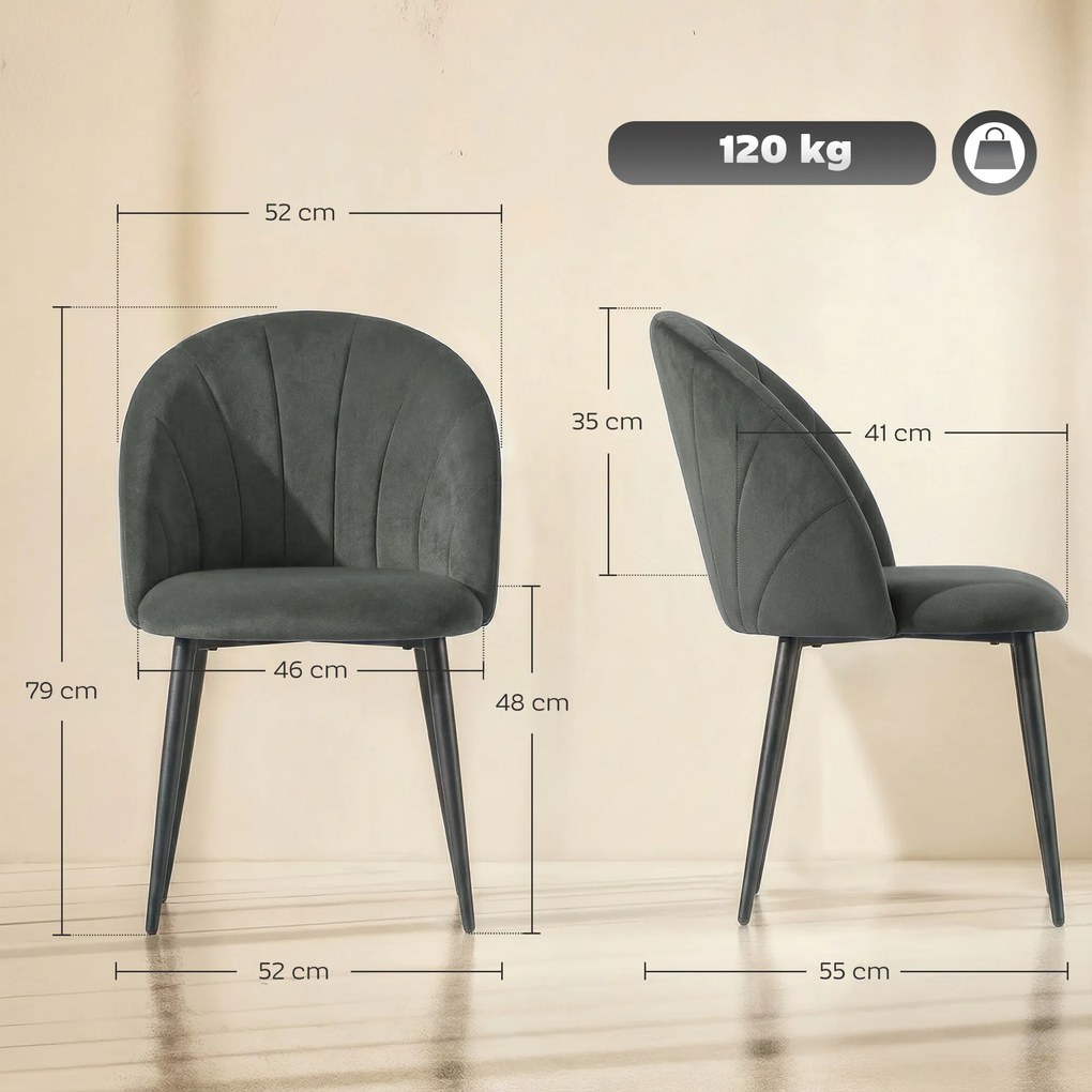 HOMCOM Set de 2 Scaune de Sufragerie din Catifea, Scaune de Bucătărie cu Spătar Curbat în Formă de Scoică, Picioare din Oțel, Stil Nordic, Scaune Tapițate pentru Bucătărie, Dormitor, Living, Gri | Aosom Romania