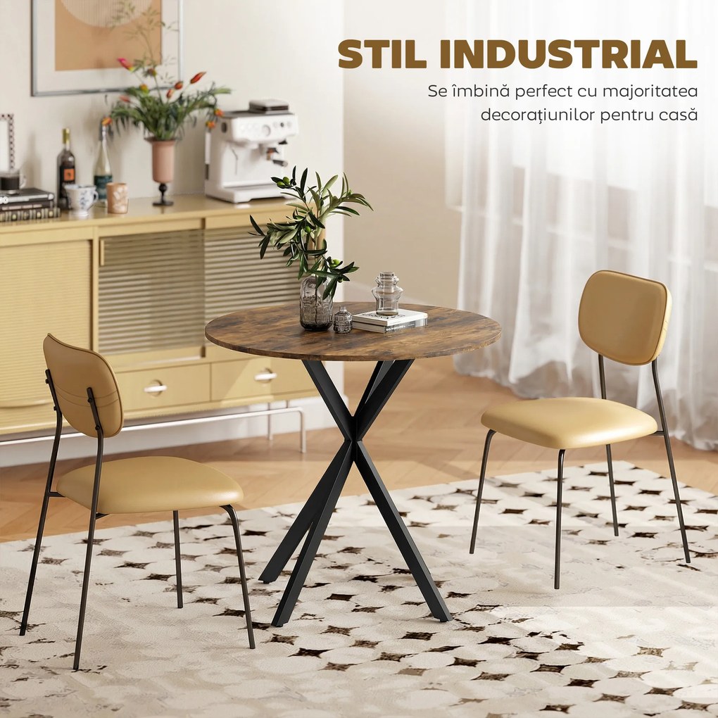 HOMCOM Masă rotundă de dining în stil industrial, cu picioare în cruce din oțel, Ø80x75 cm, maro rustic | Aosom Romania