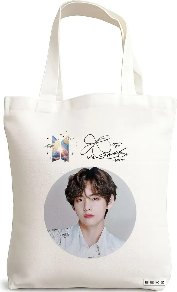 Sacosa de Panza pentru Cumparaturi, Geanta Tote, model BTS V cu semnatura, 38x34.5 cm, Alba, BEKZ®
