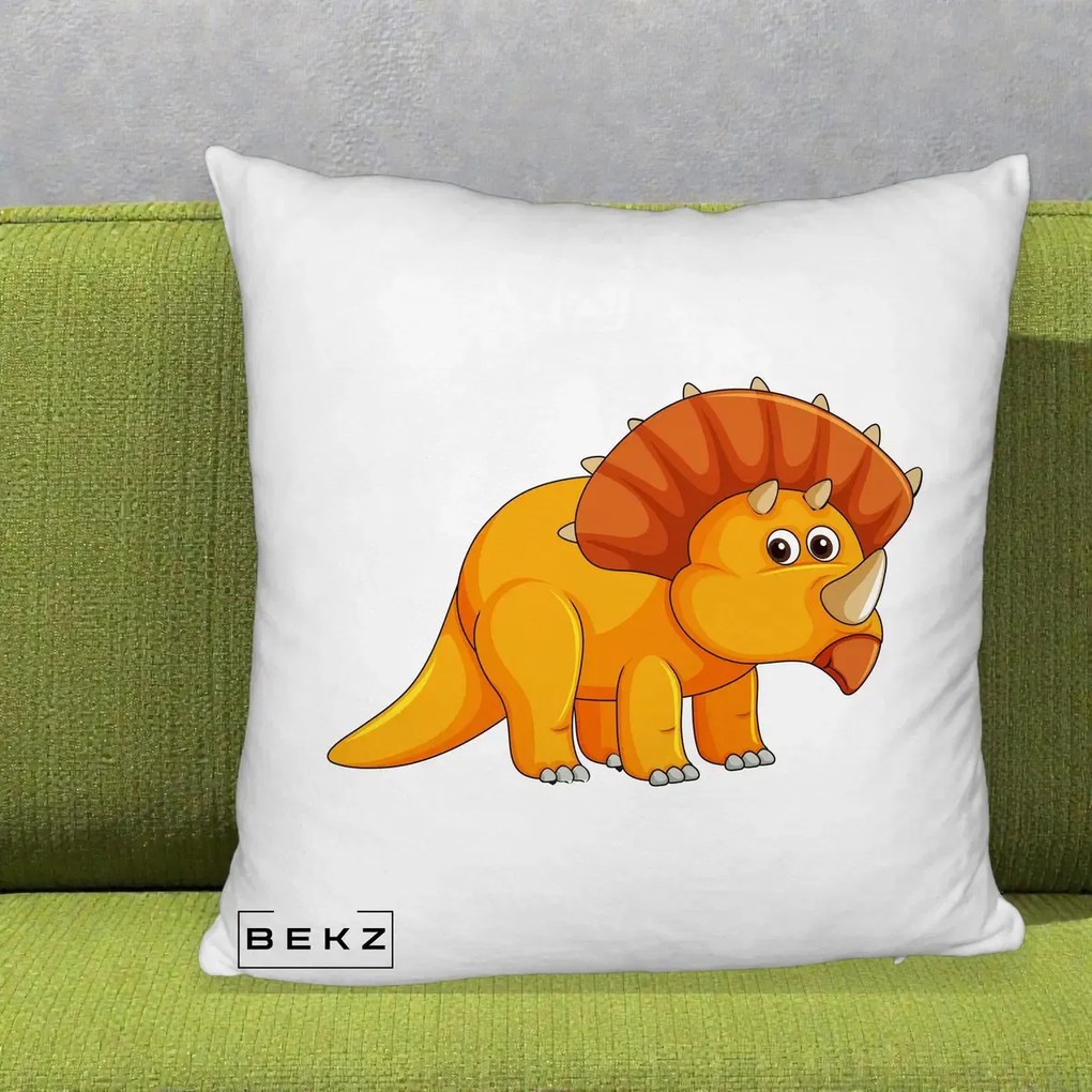 Perna Decorativa Triceratops Portocaliu, 40x40 cm, Alb Pufos, Husa Detasabila, Perna Inclusa, BEKZ®
