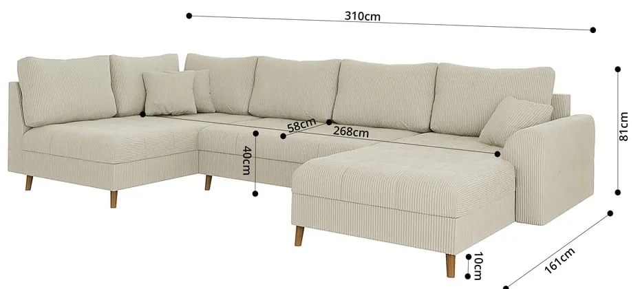 Colțar crem cu tapițerie din catifea reiată (colț dreapta/în formă de "U") Ariella – Ropez