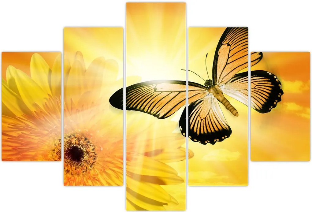 Tablou - Fluture galben cu flori (150x105 cm)