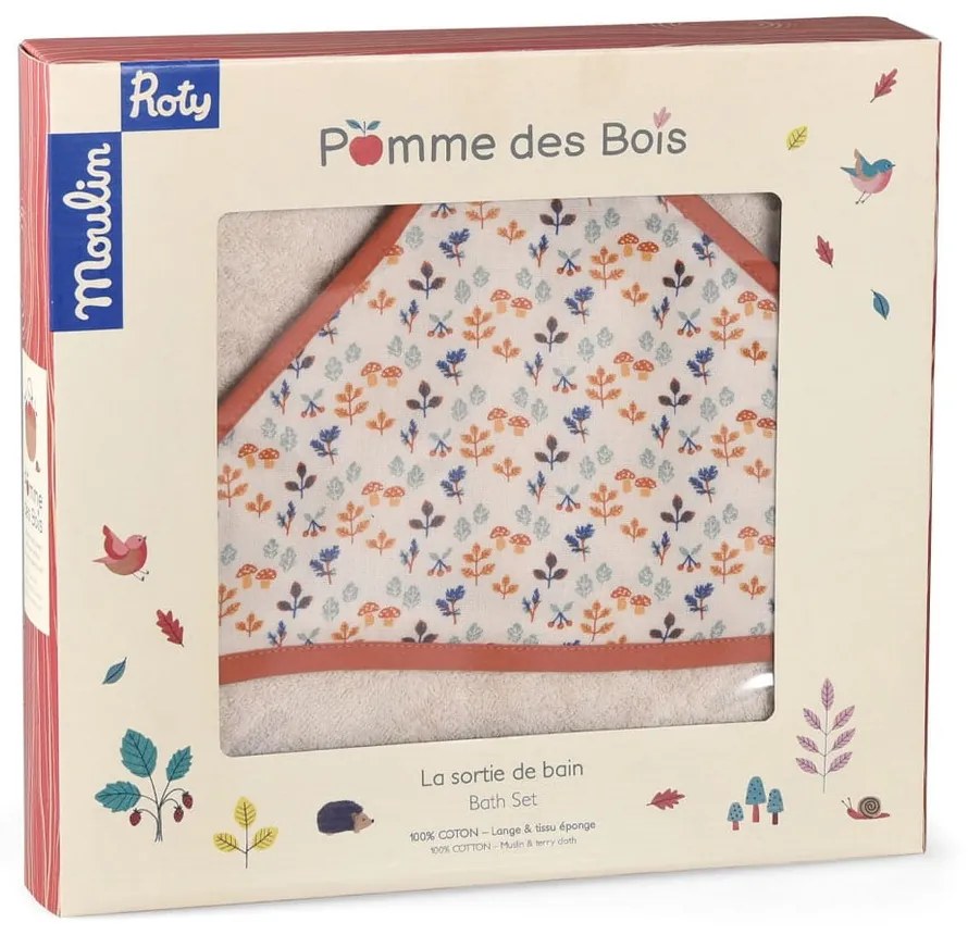 Prosop pentru copii din bumbac crem cu glugă 80x80 cm Pomme des Bois - Moulin Roty