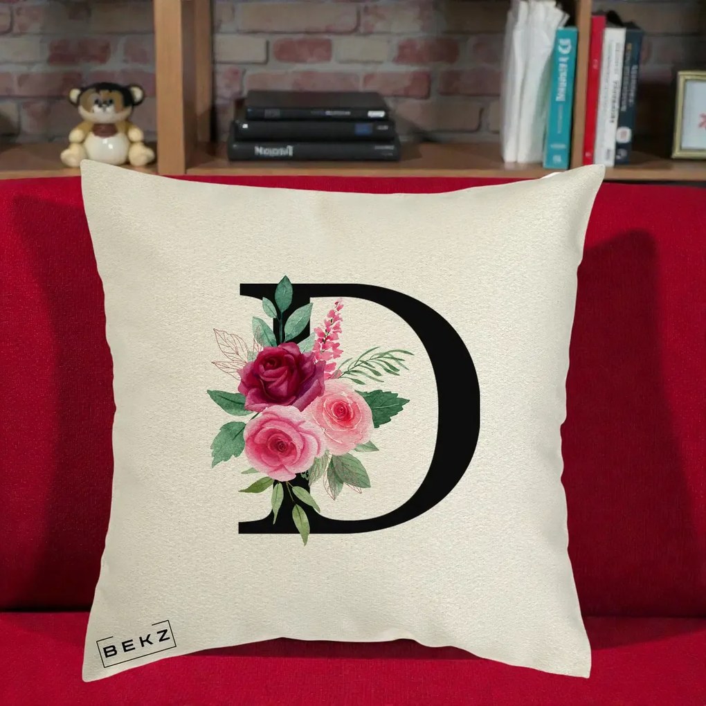 Cadou Personalizat - Perna Personalizata Monograma Florala Litera D, 40x40 cm, Ecru, Husa Detasabila, Perna Inclusa, BEKZ®