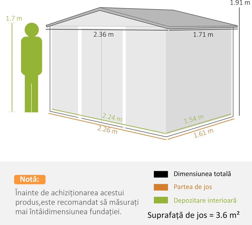 Outsunny Căsuță de grădină 2,3x1,7 m din oțel cu orificii de aerisire și uși duble glisante, efect lemn | Aosom Romania