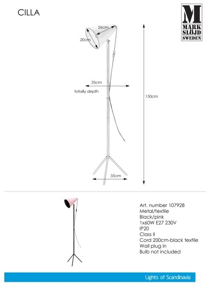 Markslöjd 107928 - Lampadar CILLA 1xE27/60W/230V