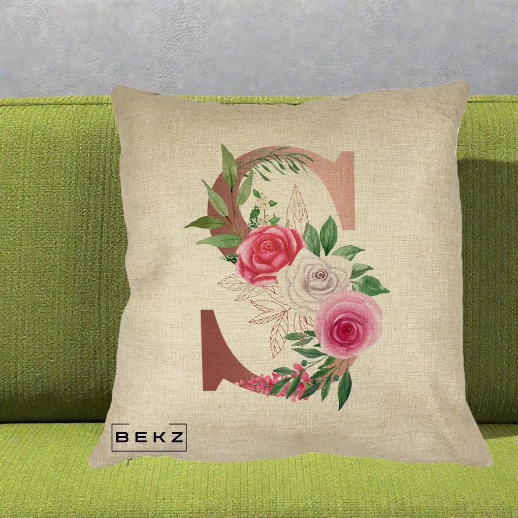 Cadou Personalizat - Perna Personalizata Monograma Rose Gold Litera S, 40x40 cm, Crem, Husa Detasabila, Perna Inclusa, BEKZ®