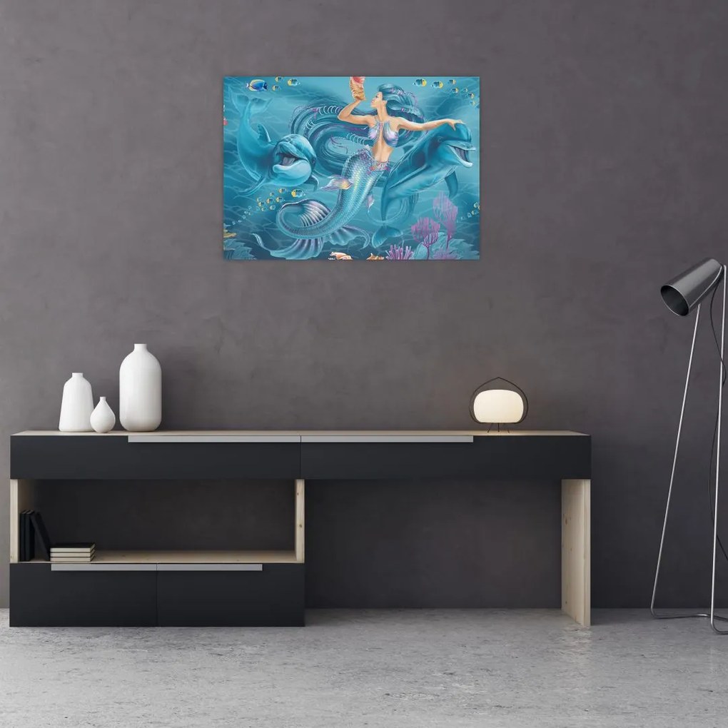 Tablou pe sticlă - Sirenă cu delfini (70x50 cm)