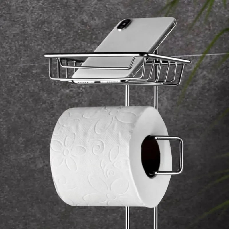 Suport pentru toaletă cu coș Metalife AK-755B, Pentru coș, hârtie și telefon, Inox/cromo