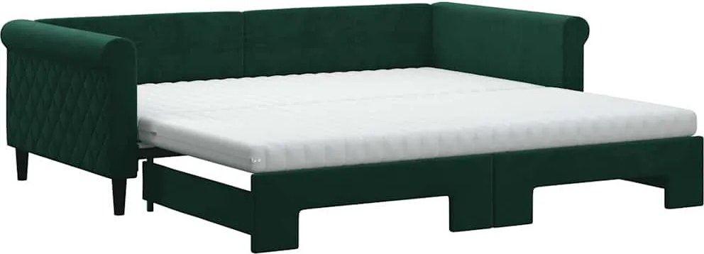 vidaXL Pat de zi cu extensie și saltele verde închis 100x200cm catifea