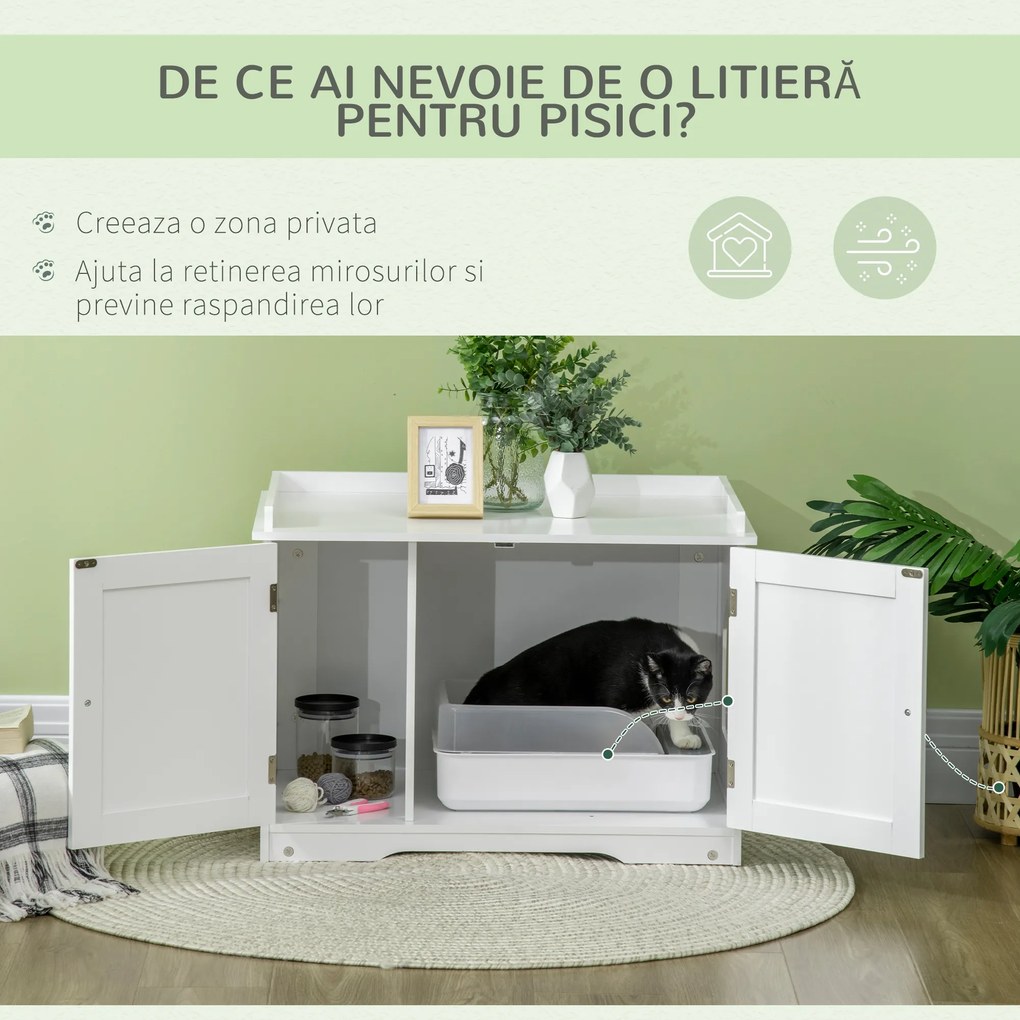PawHut Mobilier Acoperit pentru Litieră cu Separator Interior Reglabil, Intrare Laterală și 2 Uși, 86x48x52 cm, Alb | Aosom Romania
