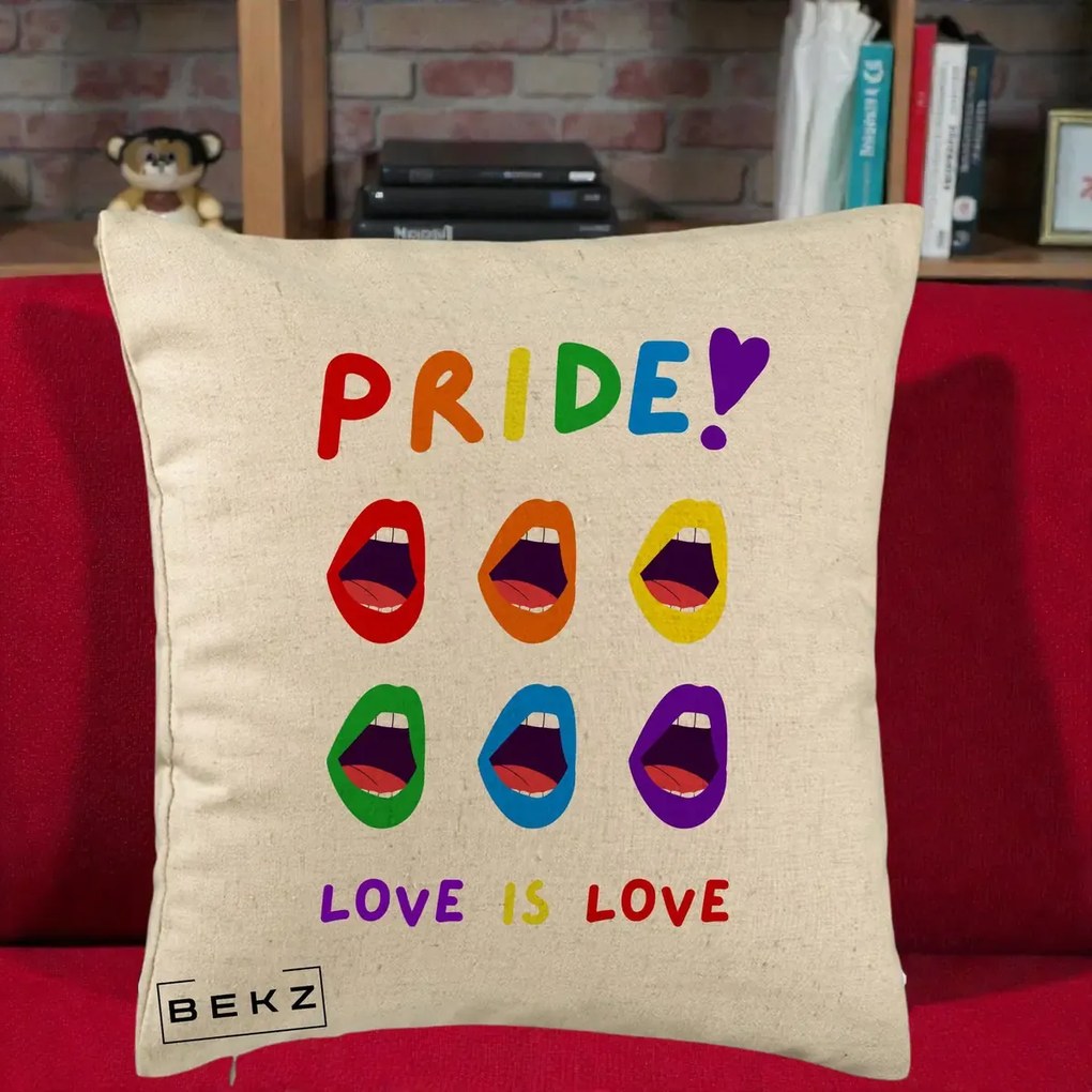 Perna Personalizata Pride Love is Love Curcubeu, 40x40 cm, Bej, Husa Detasabila, Perna Inclusa, BEKZ®