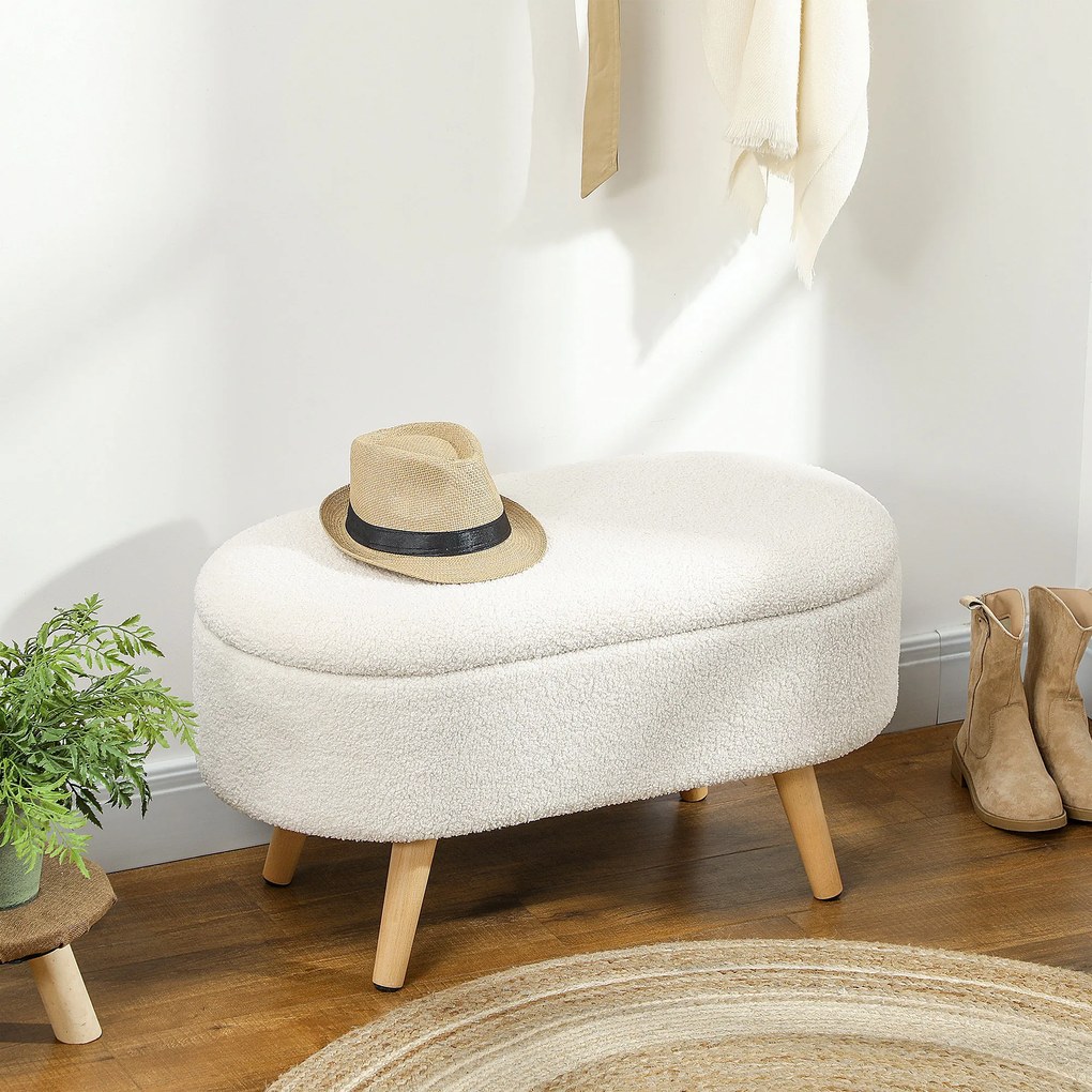 HOMCOM Bancă de ședere cu Depozitare și Lock, Scăun pentru Hall, Sufragerie, Dormitor, Brad, Catifea, Alb | Aosom Romania