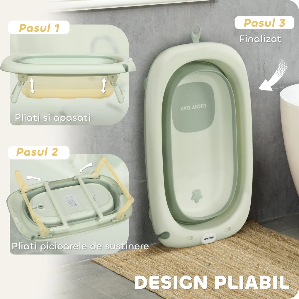 AIYAPLAY Cadă de Baie Pliabilă pentru Nou-Născuți 0-3 ani cu Pernă Rafturi și Fund Antiderapant, 86x53x25,5 cm, Verde | Aosom Romania