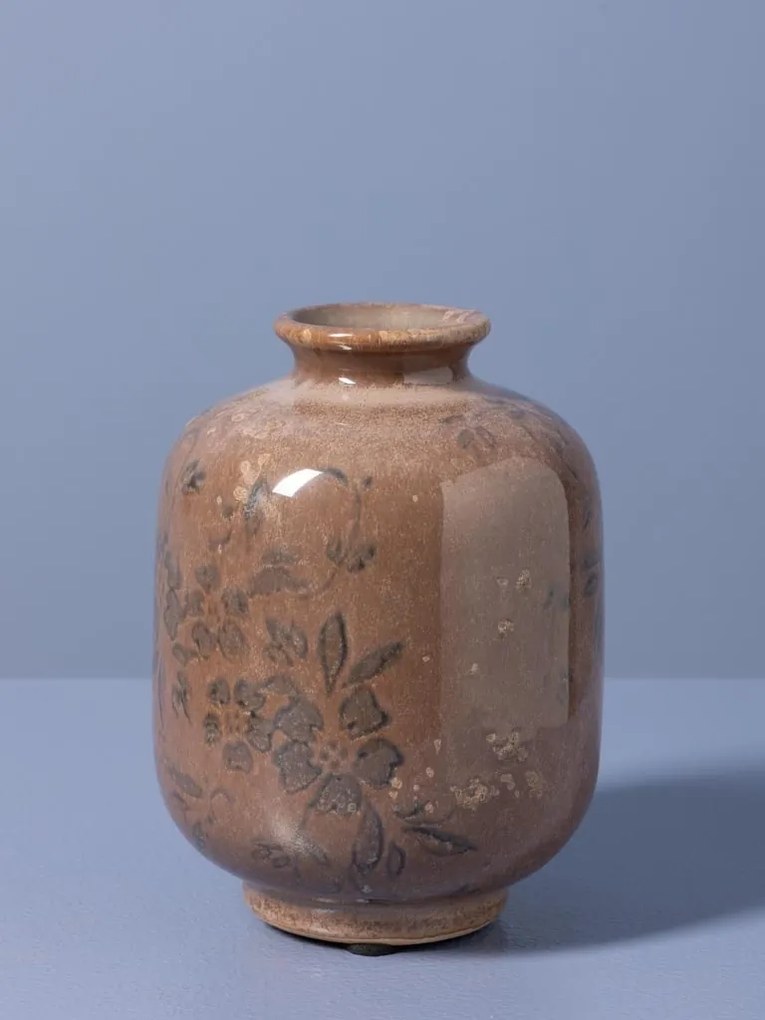 Vază din ceramică artizanală roz cu motive florale, formă rotundă, finisaj lucios, 10,5×15 cm, „Rosaire"